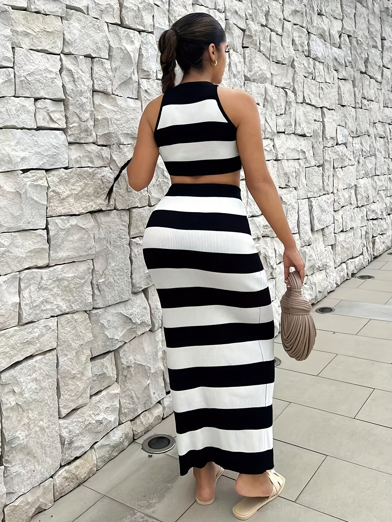 New Versatile Black and White Striped Temperament Slimming Design Half Skirt Set with Sexy Vest Sweater